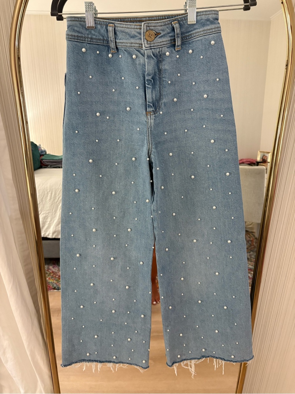 ANTONIO MELANI Light Blue Pearl-Embellished Boot Flare Jeans